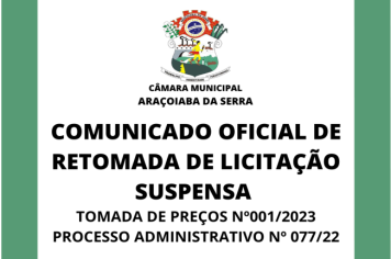 COMUNICADO OFÍCIAL DE RETOMADA DE LICITAÇÃO SUSPENSA